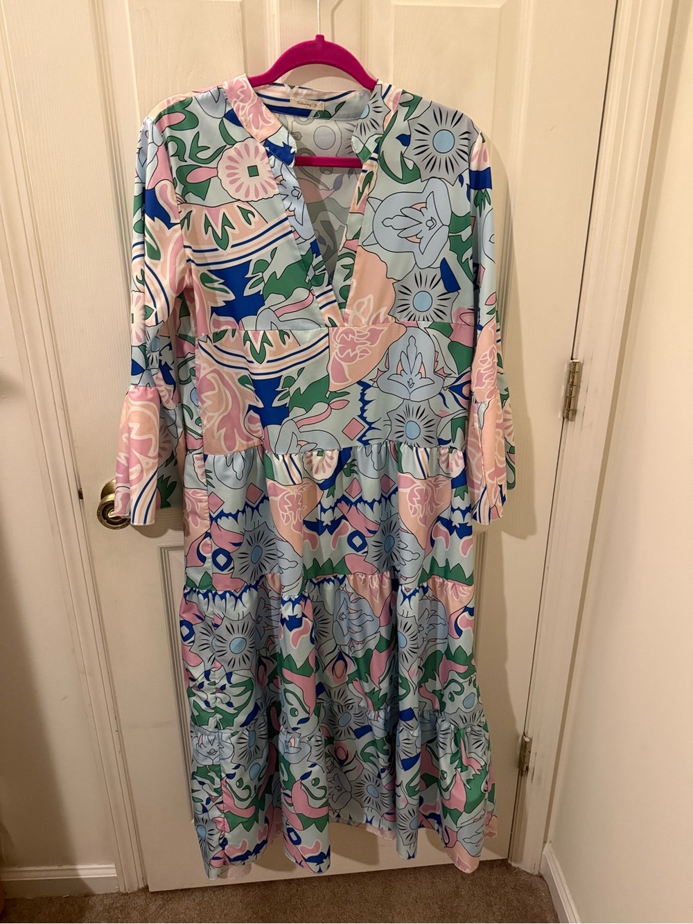 Pastel Floral Tiered Maxi Dress in Blue, Pink & Green